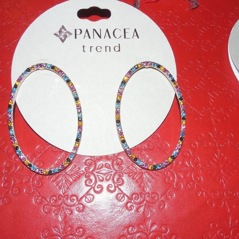 Panacea Multicolor Crystal Pave Oval Hoop Earrings Necklace Set Rose Gold Glam